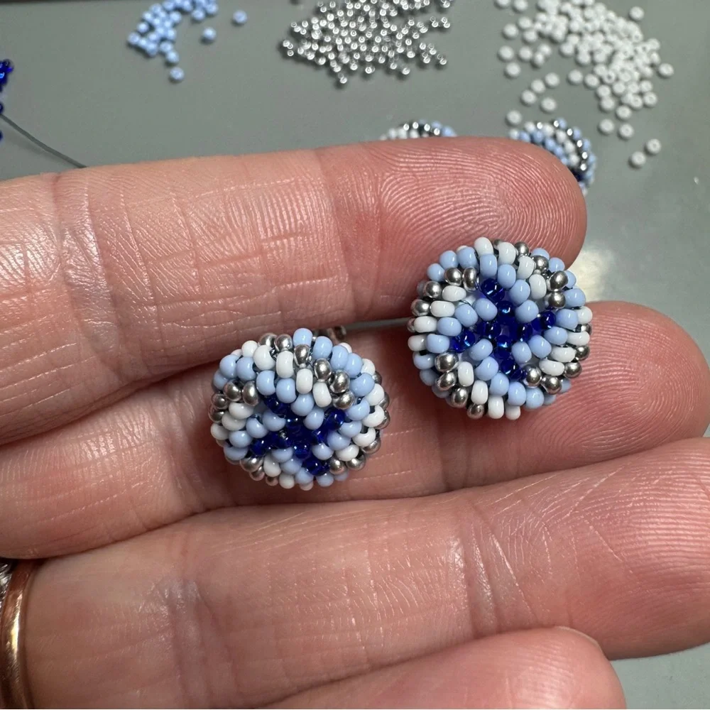 Sapphire Silver and White Stud Earrings Handmade Stainless Steel Beaded‎ Studs